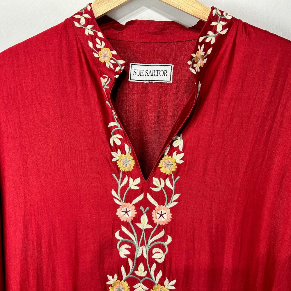 Sue Sartor Silk Moroccan Band Collar Kaftan / Maxi Dress in Cinnabar Red,  Sz L - Picture 7 of 16